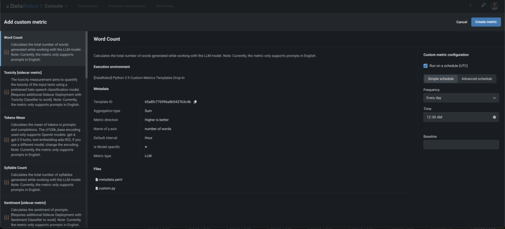 Create Accuracy, Drift, Cost and Readability Measures with Hosted Custom Metrics